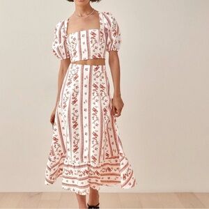 ISO Reformation Yucca skirt set white red floral stripe 8
